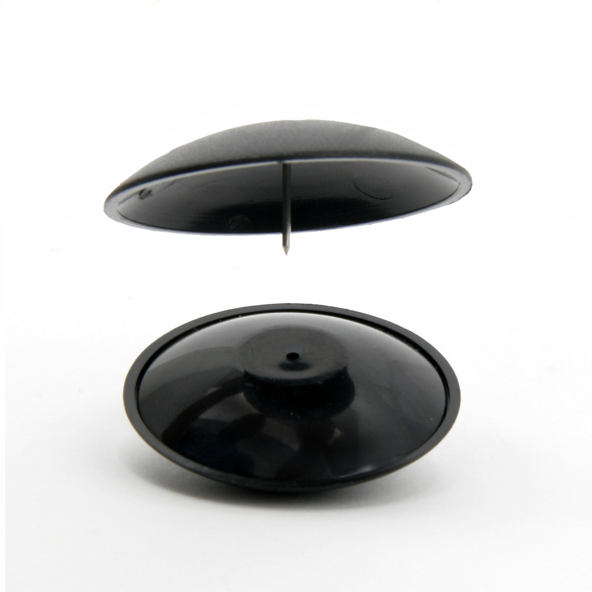 A black RF 8.2MHz clam tag with a round design and a central pin, displayed in an open position to show the other side.